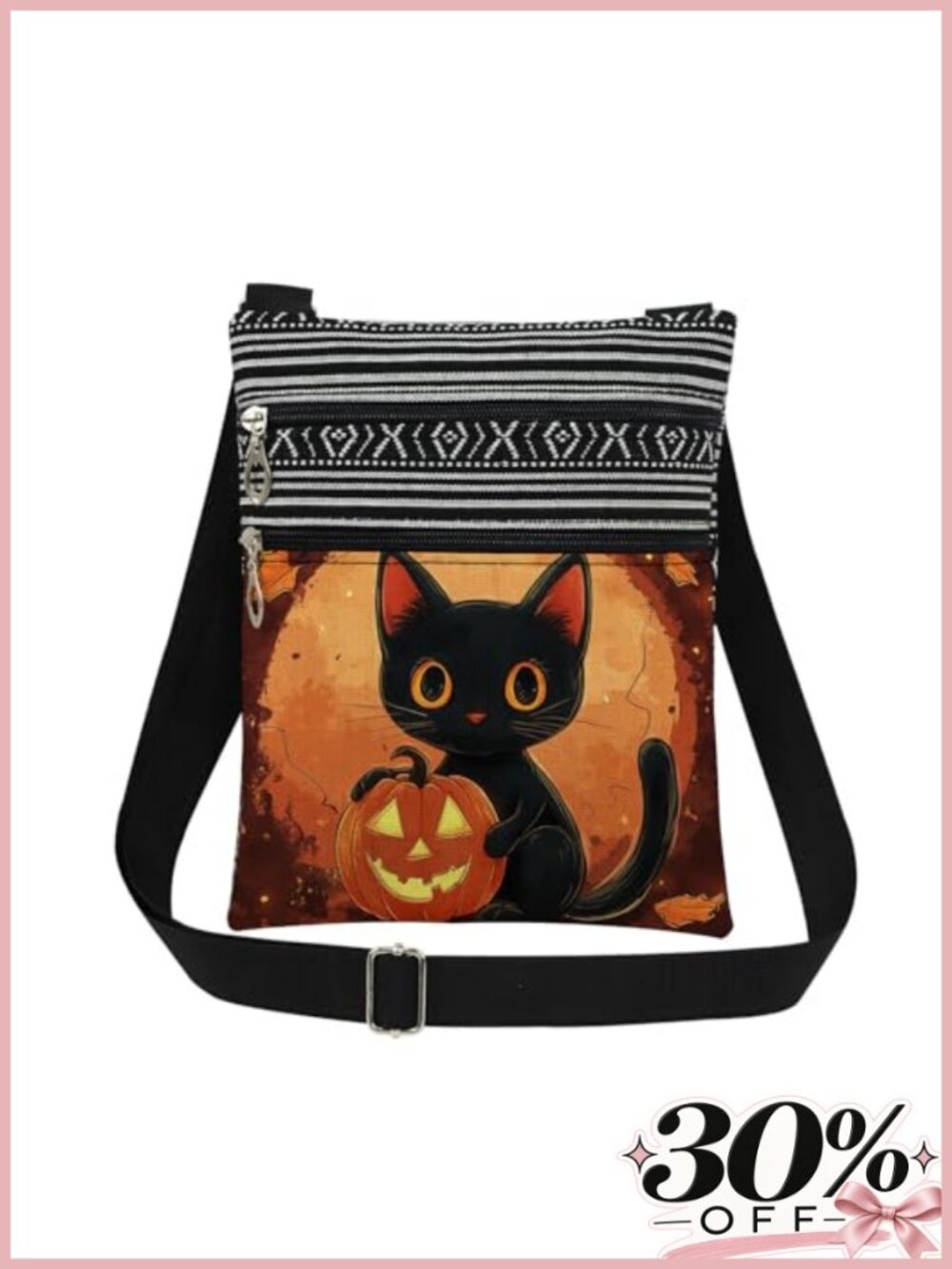 Adjustable Strap Crossbody Bag Black Cat Pumpkin Pattern Polyester Messenger
